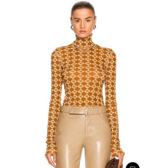 Nanushka Tops - Nanushka Hanny Brown Logo Diamond Mesh Turtleneck Cut Out size S